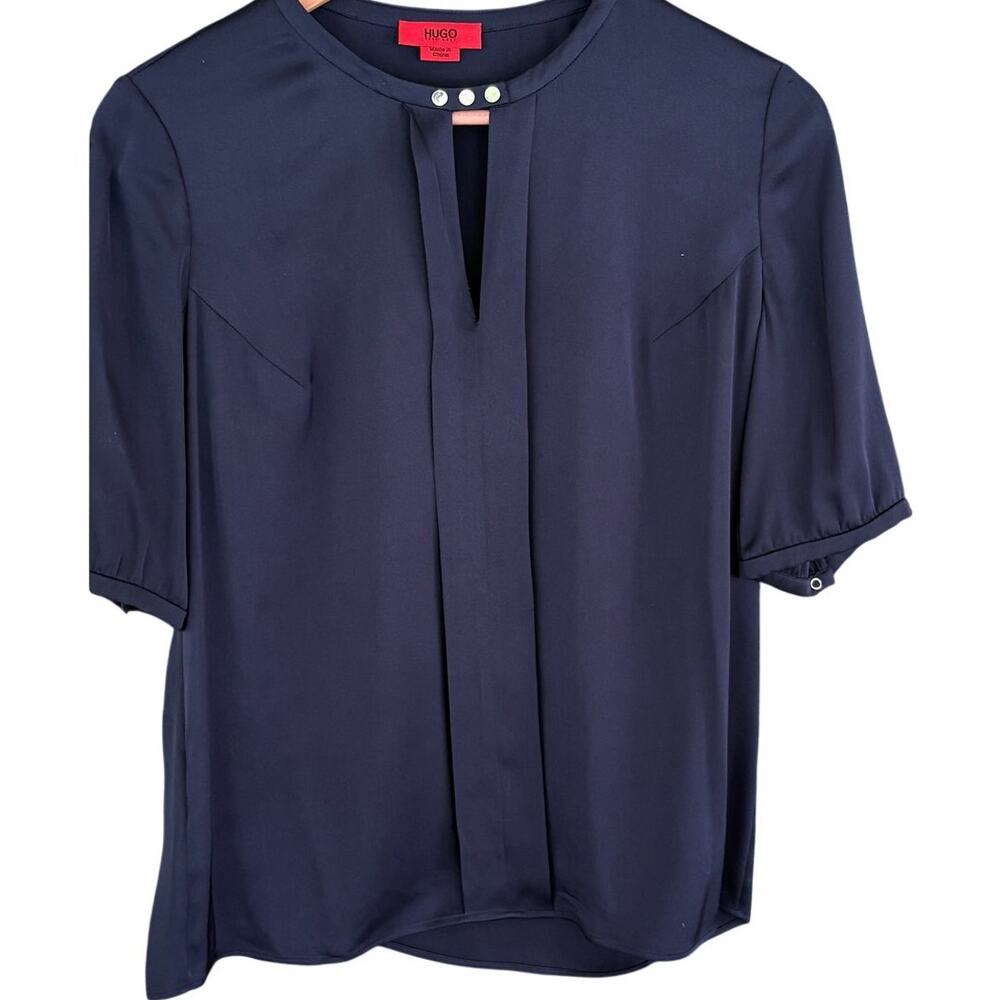 Hugo Boss Satin Keyhole Silk Blouse 2 Navy Blue Top Shirt Academia Old Money